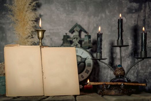 Antique parchment paper sheets roll tied with string lit by candlelight on a vintage colonial wood desk, with ink writing feather quill and old candle light in candleholder in master painting style.