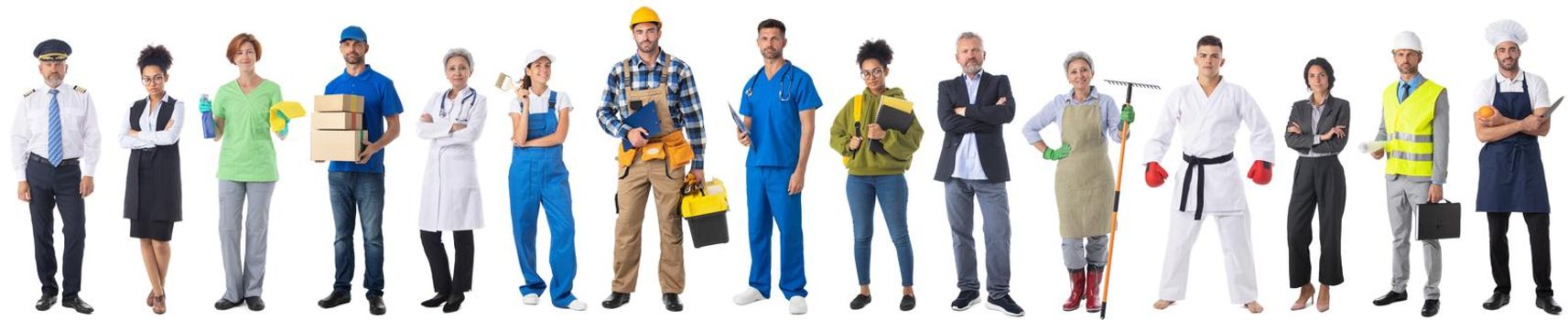 Set of full length portraits of group of people representing diverse professions of business, medicine, construction industry etc