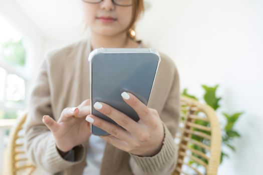 Close up of woman using mobile phone, Video call.