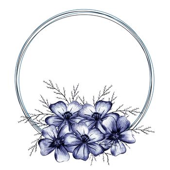 Cute Wreath with Flowers, Leaves and Branches Drawn by Colored Pencils. Hand Drawn Circle Frame for Your Text on White Background.