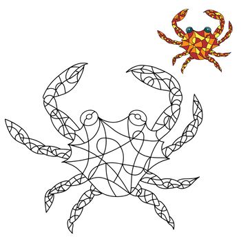 Black and White and Colored Illustration in stained glass style with abstract Crab. Image for Coloring Book, Coloring Page, Print, Batik and Window.