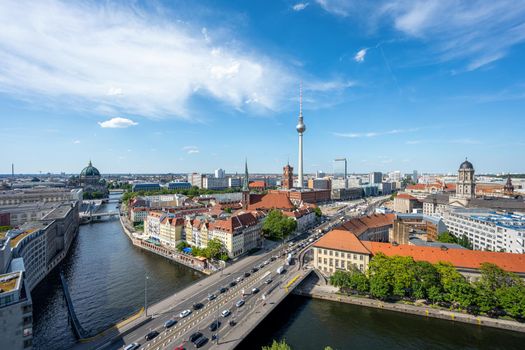 View of Central Berlin with the famous TV Tower and the Spree river on a sunny day