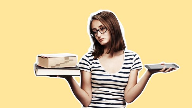 Contemporary education concept. Book vs e-book. Girl student holding traditional textbook and ebook reader on background with copy space. Magazine style collage