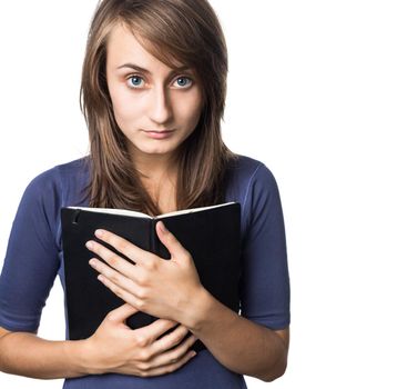 Education concept. Female student hold a notebook isolated on a white background