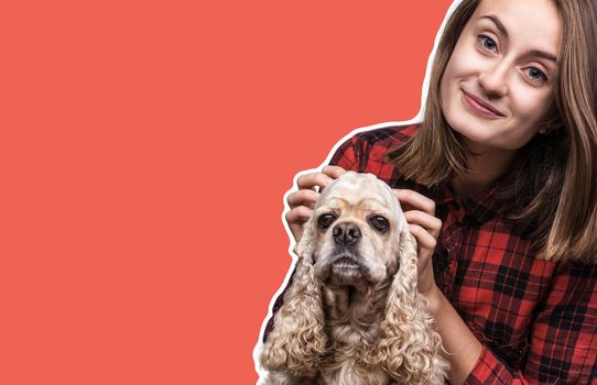 Young american cocker spaniel and beautiful woman. Magazine style collage with copy space and trendy coral color background