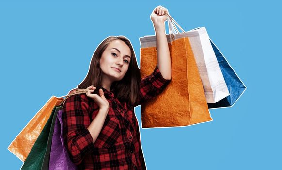 Сommerce and shopping season. Happy young woman with shoping bags. Magazine style collage with copy space