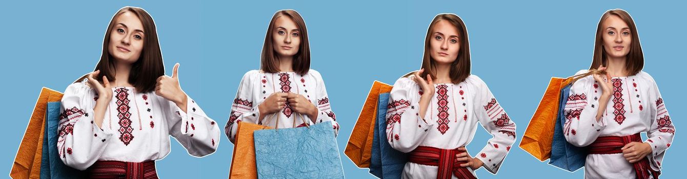 Beautiful young girl in the Ukrainian national suit holds colored paper shopping bags. Magazine style collage set