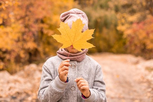 Kids play in autumn park. Children throwing yellow leaves. Child girl with maple leaf. Fall foliage. Family outdoor fun in autumn. Toddler or preschooler in fall.