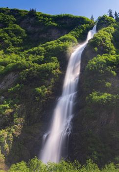 Bridal Veil Falls down cliffs of Keystone Canyon outside Valdez in Alaska