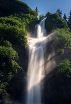 Bridal Veil Falls down cliffs of Keystone Canyon outside Valdez in Alaska