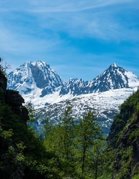 View of majestic mountains viewed through the gorge of Keystone Canyon near Valdez in Alaska