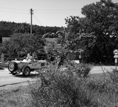 URBINO, ITALY - JUN 16 - 2022 : SUNBEAM 3 LITRE TWIN CAM SUPER SPORT 1926 on an old racing car in rally Mille Miglia 2022 the famous italian historical race (1927-1957