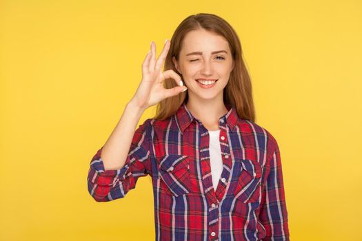 Ok, no problem. Portrait of cheerful ginger girl in checkered shirt showing okay hand gesture and winking, approving accepting suggestion, sign language. studio shot isolated on yellow background