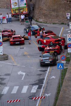 URBINO, ITALY - JUN 16 - 2022 : FERRARI TRIBUTE IN an old racing car in rally Mille Miglia 2022