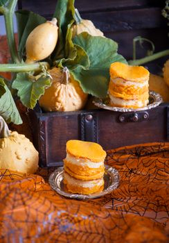 mini pumpkin cheesecakes on pumpkin background, autumn, orange color food, halloween, High quality photo