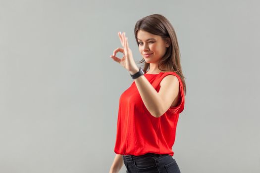 Ok. Portrait of funny satisfied beautiful brunette young woman in red shirt standing with Ok sing and looking at camera winking and smiling. indoor, studio shot, isolated on gray background.