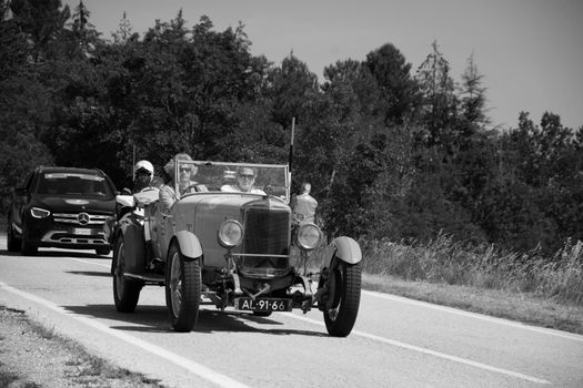 URBINO, ITALY - JUN 16 - 2022 : SUNBEAM 3 LITRE TWIN CAM SUPER SPORT 1926 on an old racing car in rally Mille Miglia 2022 the famous italian historical race (1927-1957