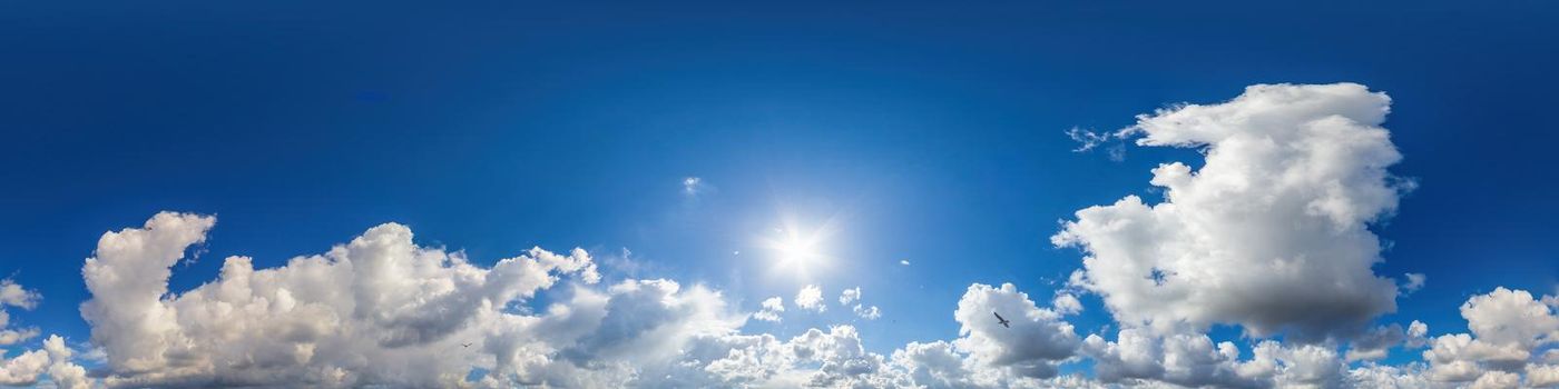 Sky panorama with Cirrus clouds in Seamless spherical equirectangular format. Full zenith for use in 3D graphics, game and editing aerial drone 360 degree panoramas for sky replacement