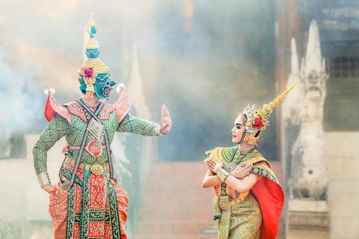 Tosakan (Ravana) and Mandodari , Thai classical mask dance of the Ramayana Epic