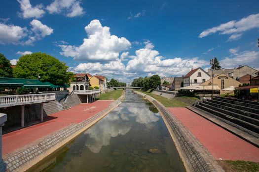 Valjevo, Serbia - June 26, 2022: view from the bridge on the river Kolubara. city open stage on river banks