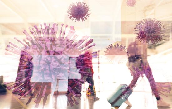 Virus shape 3D render on blur people walking in the airport. Travel during virus outbreak.Tourist with baggage walking in international airport. Airline passenger with luggage. Vacation travel abroad.