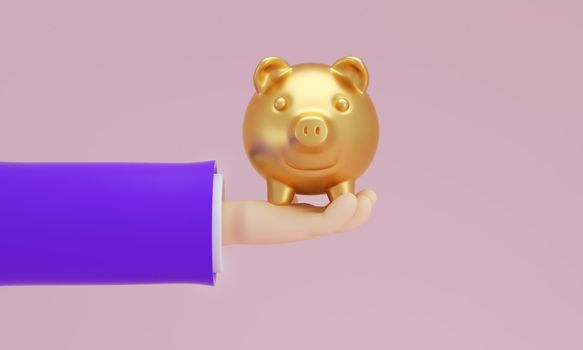 Golden pig bank in a man's hand. Saving concept. 3d rendering.