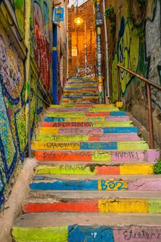 Colorful steps in the UNESCO World Heritage city of Valparaiso cityscape in Chile