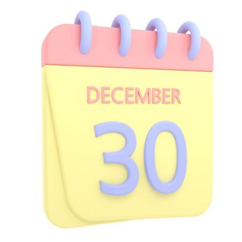 30th December 3D calendar icon. Web style. High resolution image. White background