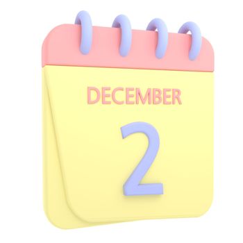 2nd December 3D calendar icon. Web style. High resolution image. White background