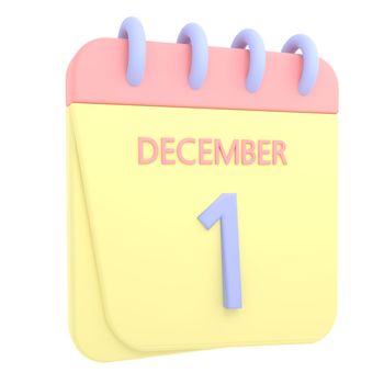 1st December 3D calendar icon. Web style. High resolution image. White background