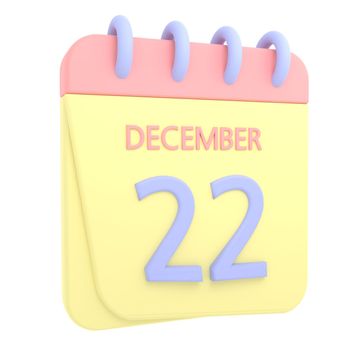 22nd December 3D calendar icon. Web style. High resolution image. White background