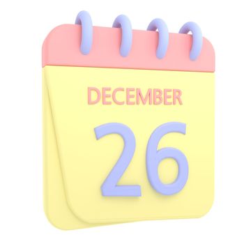 26th December 3D calendar icon. Web style. High resolution image. White background