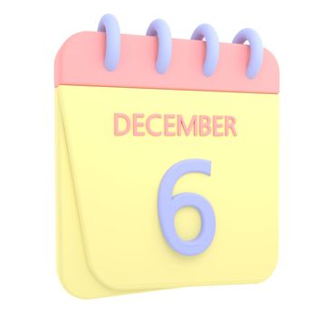 6th December 3D calendar icon. Web style. High resolution image. White background