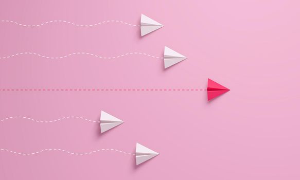 Women's leadership concepts with red paper airplane leading among white on pink background. 3D rendering.