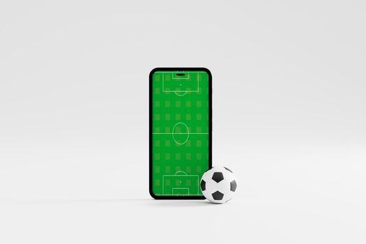 Mobile football soccer. Online sport bet play match. Online soccer game with live mobile app. Football field on the smartphone screen and ball. Online ticket sales, sport betting concept. 3d illustration