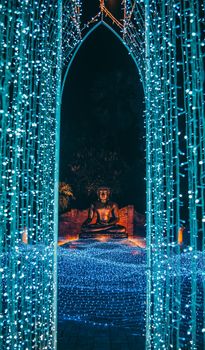 Buddhist tradition light festival in Ratchaburi, Nasatta, Thailand. High quality photo