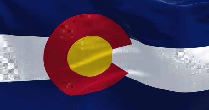 Close-up view of the Colorado flag waving. Colorado is a United States state located in the Rocky Mountains Region