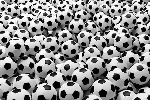 Many black and white soccer balls background. 3d render