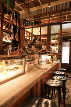 Alicante, Spain- June 26, 2022: Luxurious restaurant called Manero in Alicante with beautiful colonial style