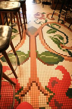 Alicante, Spain- June 26, 2022: Mosaic floor of the Manero bar in Alicante with beautiful colonial style