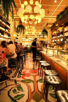 Alicante, Spain- June 26, 2022: Luxurious restaurant called Manero in Alicante with beautiful colonial style