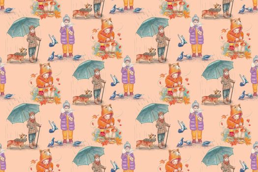 Seamless pattern. Autumn. Children in various poses, picking mushrooms, walking in the rain, feeding pigeons. Watercolor style on orange peach background.