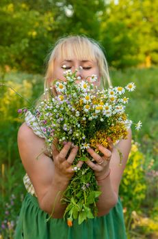 A woman collects medicinal herbs. Selective focus. Nature.
