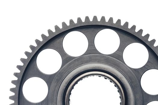 engine gear wheel with cogs, close-up view, white background
