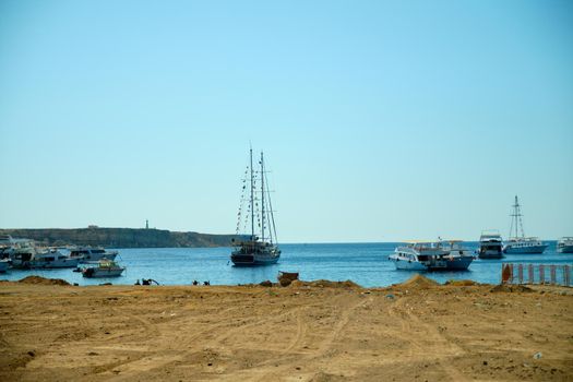 View from the shore to the sea with yachts that set sail.