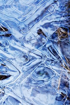 Spring or fall concept. Yellow dry grass under nice blue ice surface