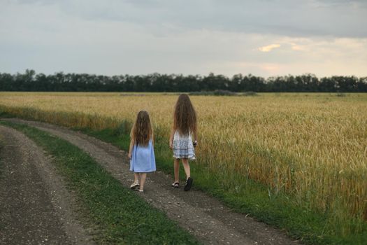 Girls in the wheat field at a sunset