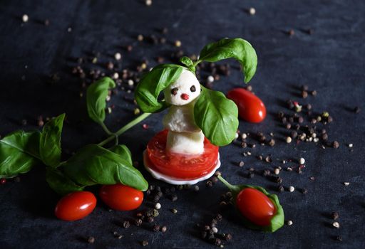 creative snowman canapes of mozzarella and tomatoes on a background of red poinsettia and a scattering of black pepper and green basil. High quality photo
