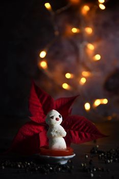 creative snowman canapes of mozzarella and tomatoes on a background of red poinsettia and a scattering of black pepper and green basil. High quality photo