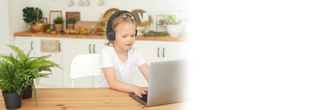 Online education for children. Schoolgirl watching online lesson via videoconference by laptop video chat from home. Web banner